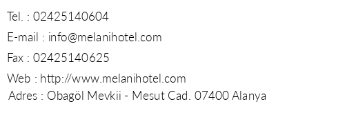 Melani Hotel telefon numaralar, faks, e-mail, posta adresi ve iletiim bilgileri